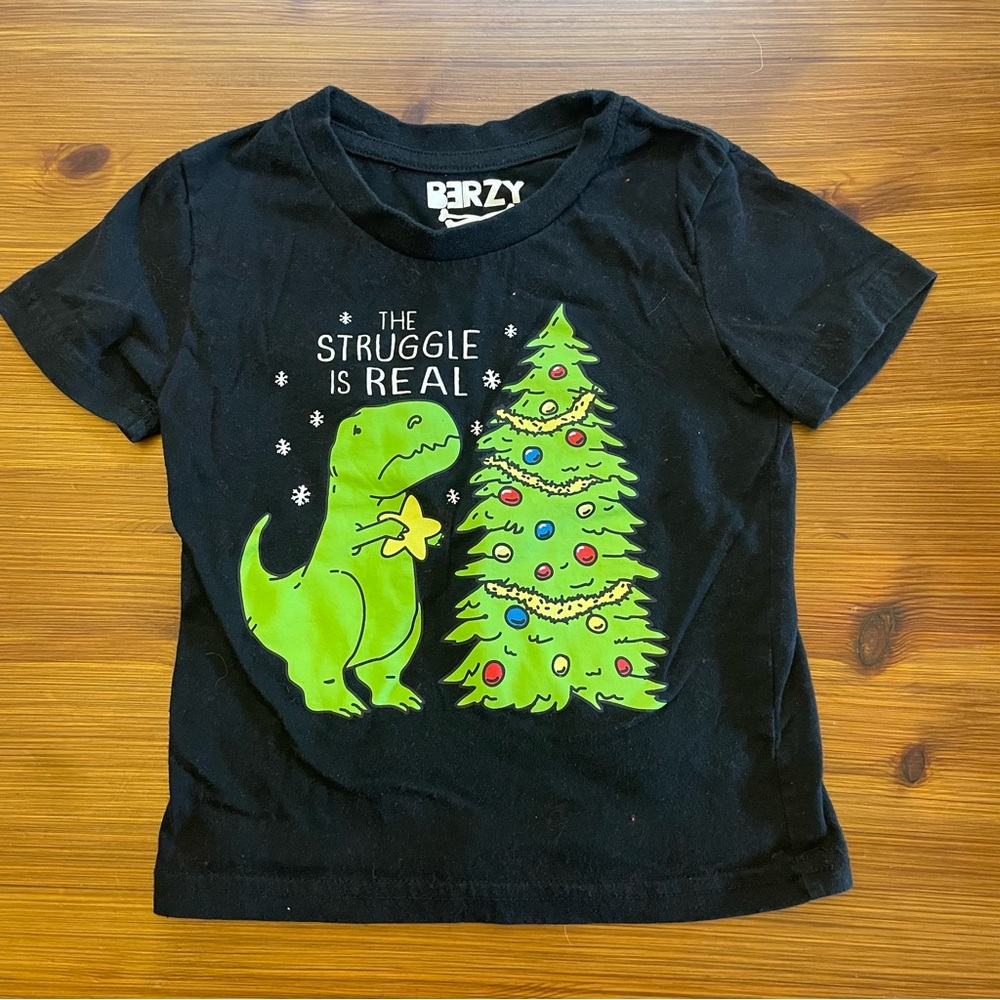 4/$13 Berzy “The Struggle Is Real” T-Rex Dinosaur Christmas Tree Shirt - 4T